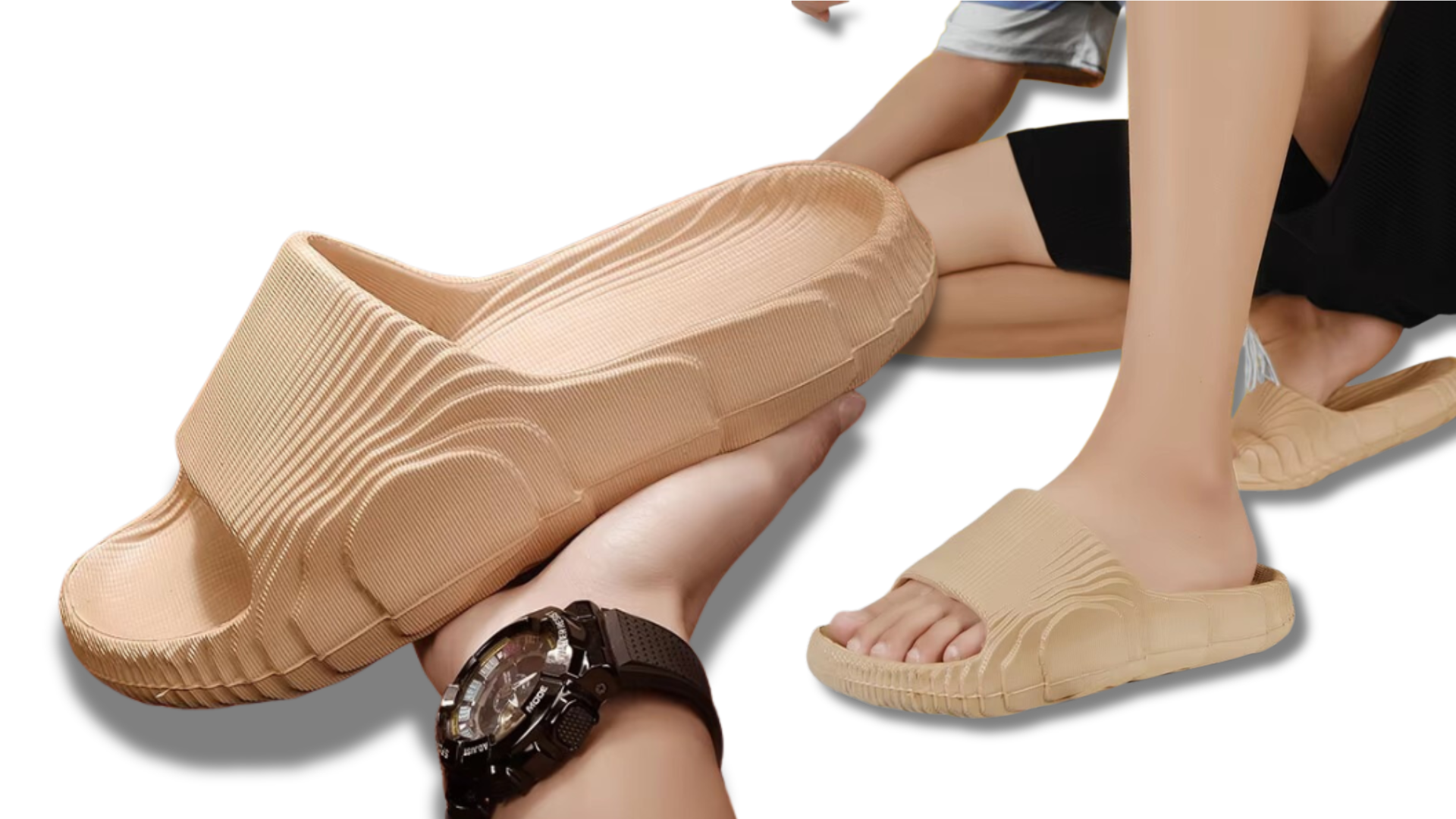 Comfortable ergonomic slippers showcased on two pairs of feet, highlighting their unique textured design and neutral color, suitable for casual indoor wear.