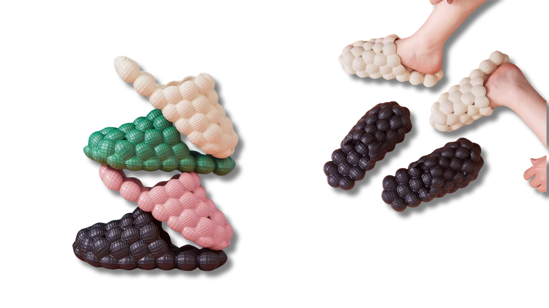 Comfortable ergonomic slippers showcased on two pairs of feet, highlighting their unique textured design and neutral color, suitable for casual indoor wear.