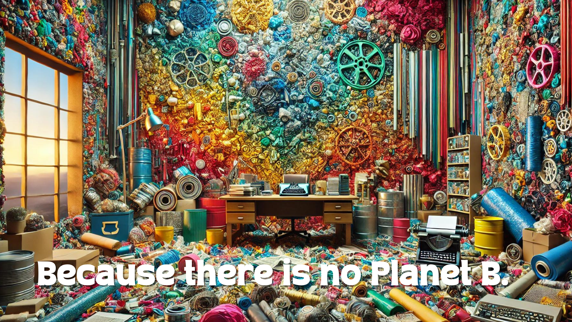Artistic display of colorful recycled materials arranged creatively in a workspace, showcasing sustainability in art with a striking visual message 'Because there is no Planet B