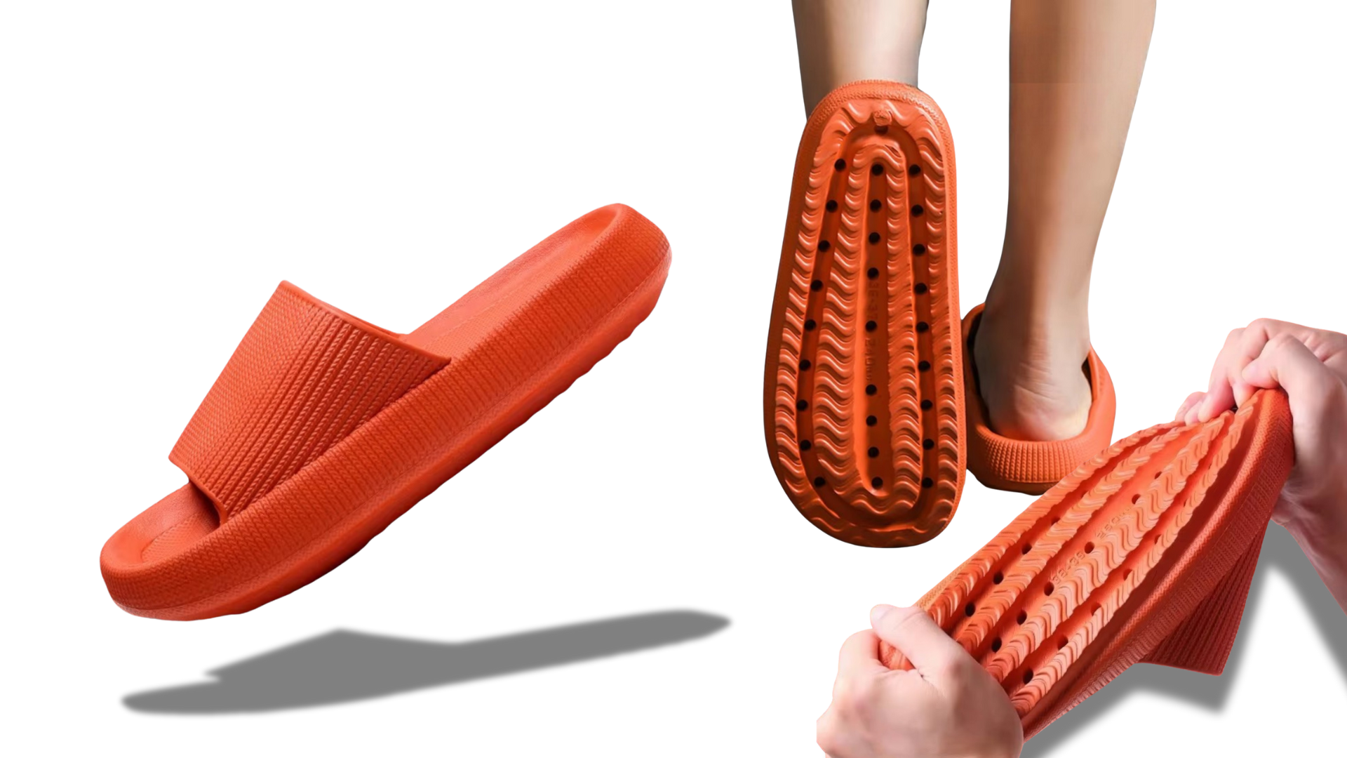 Detailed showcase of vibrant orange slippers, featuring multiple perspectives: a solo slipper view, the treaded sole as worn, and a hand bending the flexible sole, highlighting the slipper's durability and comfort-focused design.