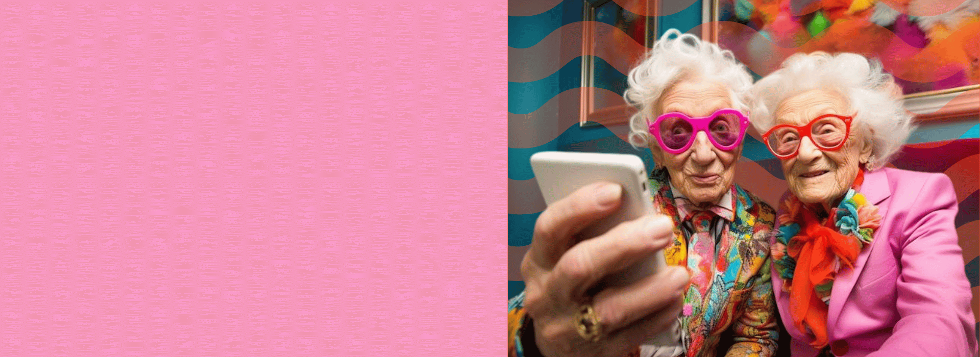 Two elderly women wearing colorful outfits and trendy glasses, one showing something on a smartphone