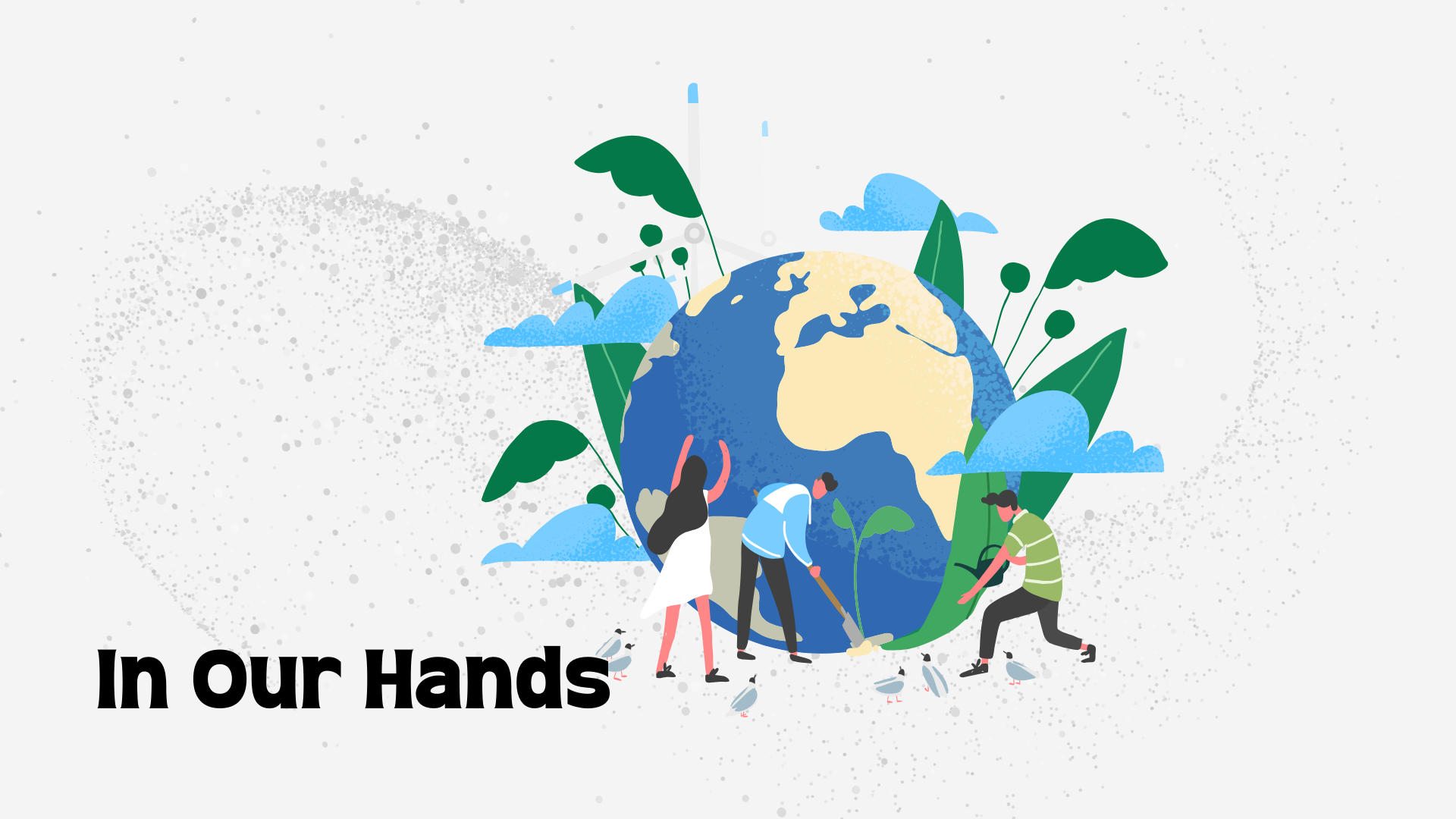 Illustration depicting a diverse group of people nurturing a stylized Earth surrounded by plants, clouds, and water, emphasizing global responsibility and environmental stewardship under the title 'In Our Hands.