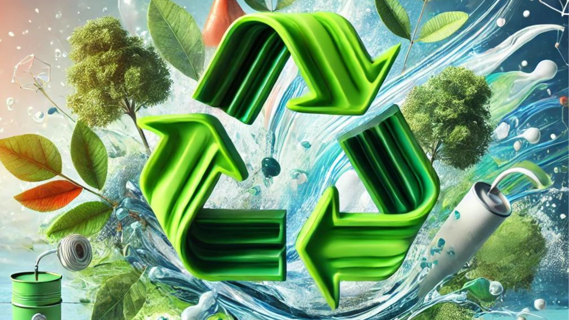 Vibrant image featuring the recycling symbol integrated with natural elements like trees, water, and clouds, symbolizing the cycle of renewal and the importance of sustainability in preserving our planet's resources.