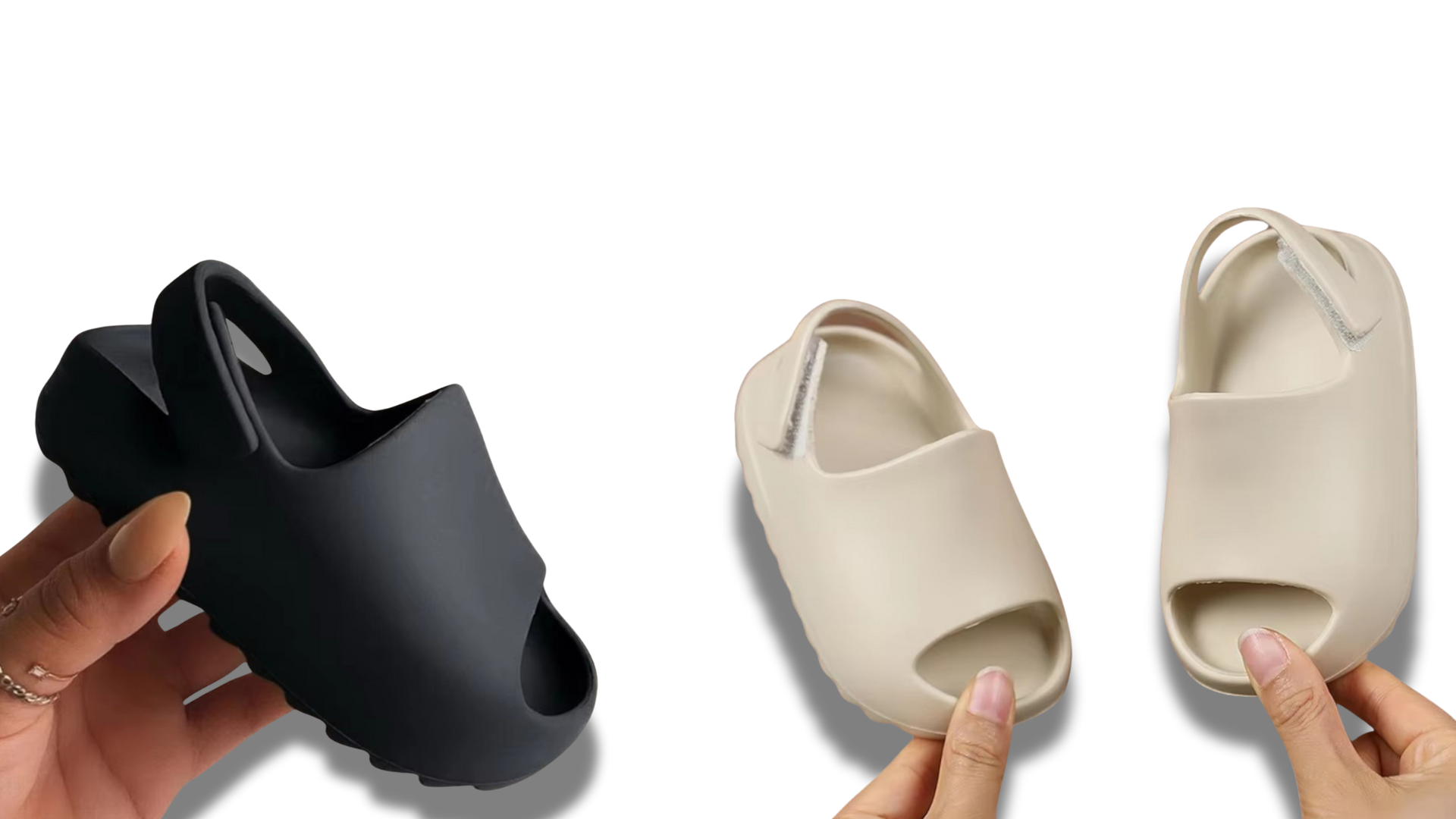 A collection of modern slippers held in hands, showcasing two designs in black and beige with smooth, contouring shapes, reflecting contemporary style and comfort.