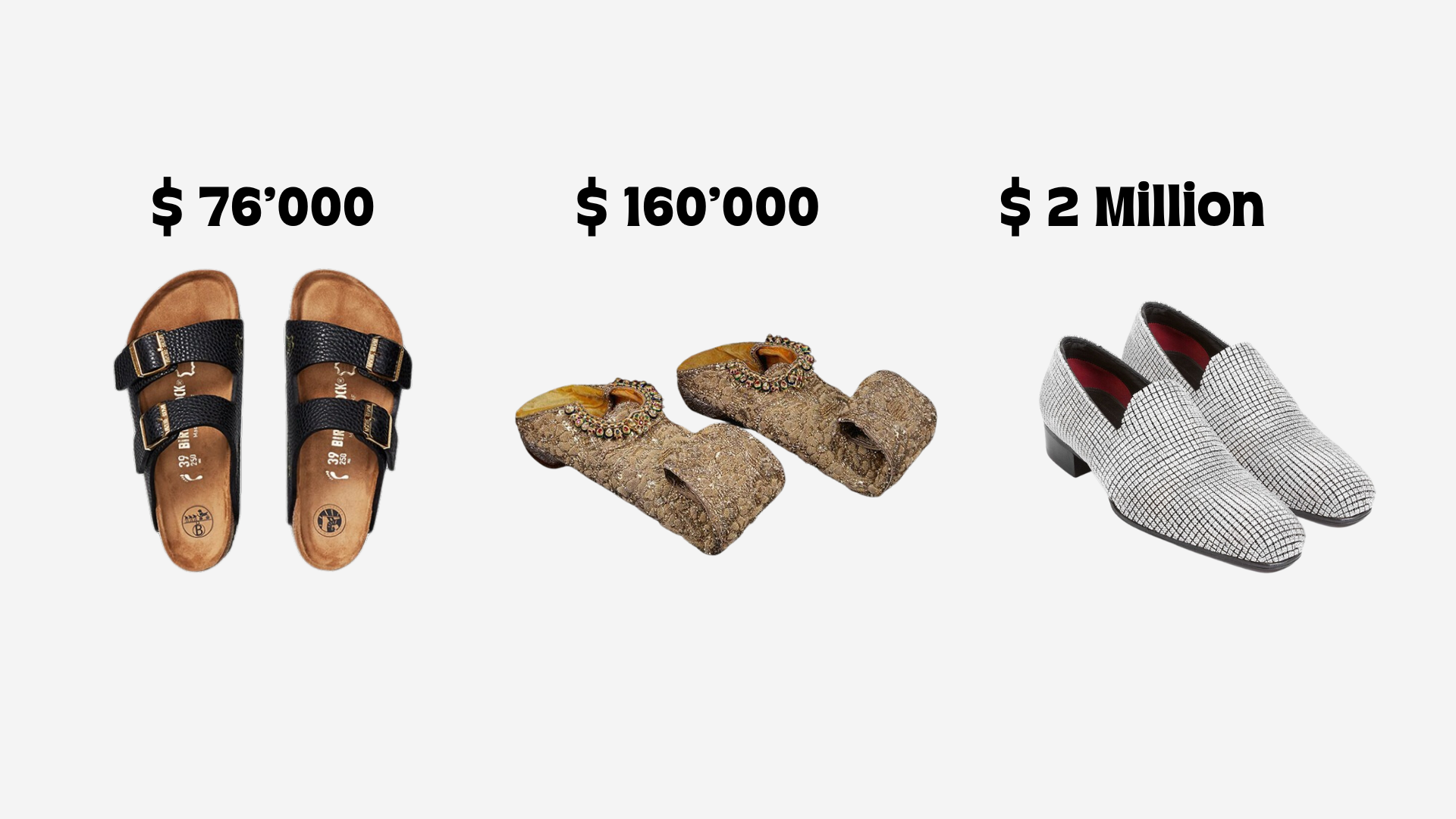 Display of three luxury slippers with prices tagged, featuring black leather slippers priced at $76,000, embellished cork slippers at $160,000, and diamond-studded white shoes at $2 million, highlighting the extravagance in modern footwear.